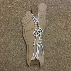 Beautiful barefoot beach boho styled beach sandal to ground you with every step you take. Natural color wooden beads showing off the peace sign.